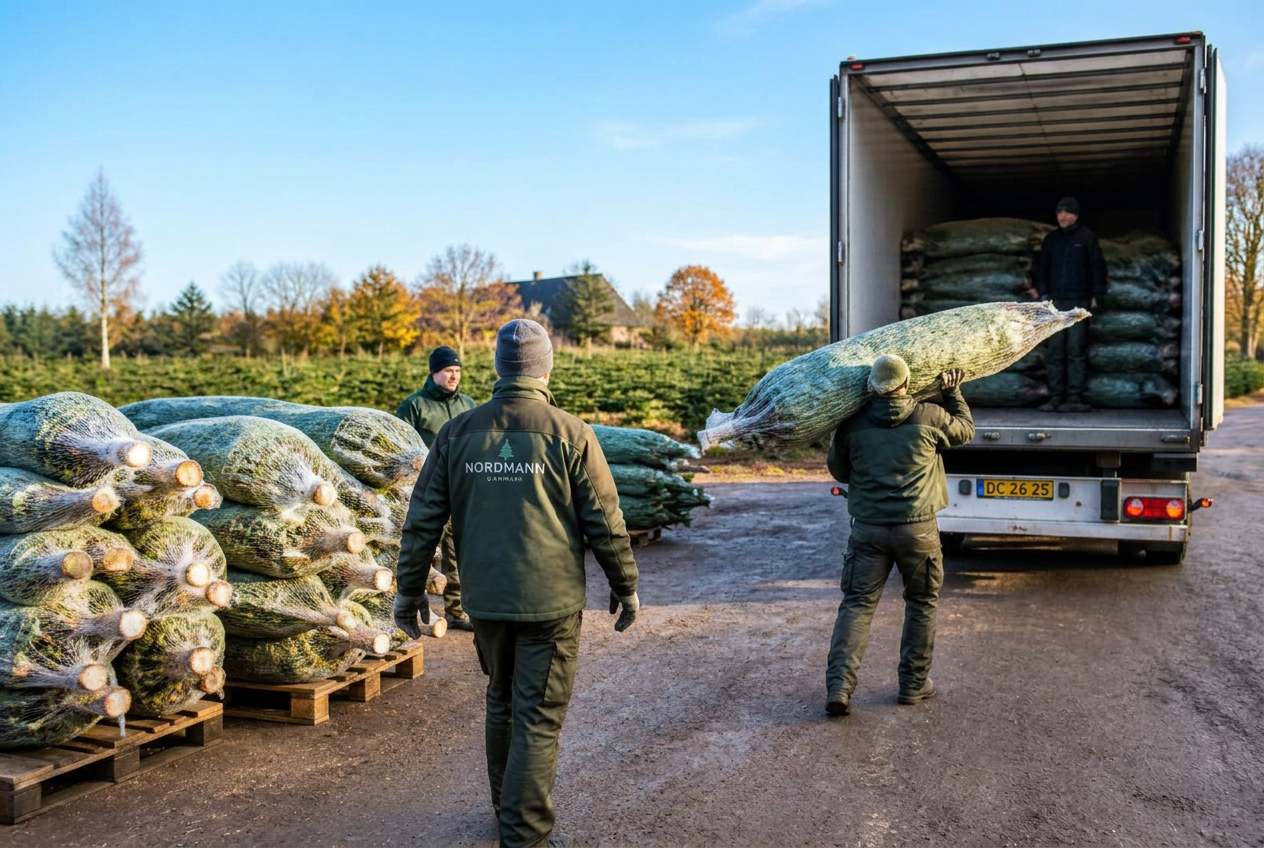 Juletræer i net læsses på lastbil
